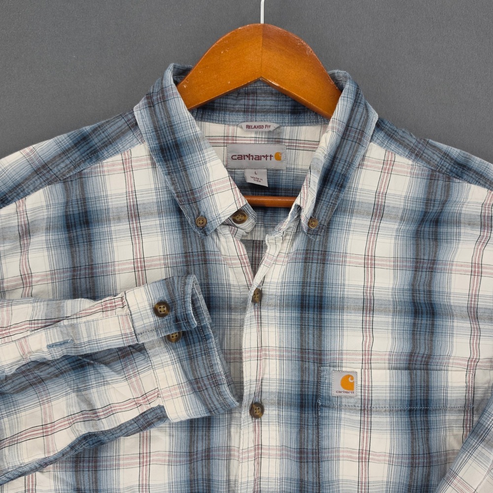 Carhartt Relaxed Fit Plaid Button Down Shirt Mens Large Blue White Long Sleeve